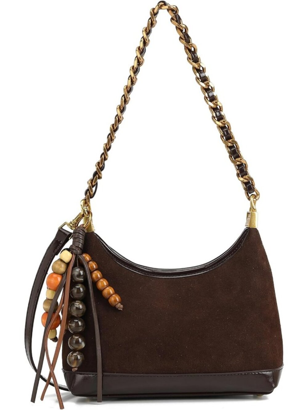 Chic Faux Suede Crescent Shoulder Bag, Small Hobo Purse with Gold Chain & Tassel